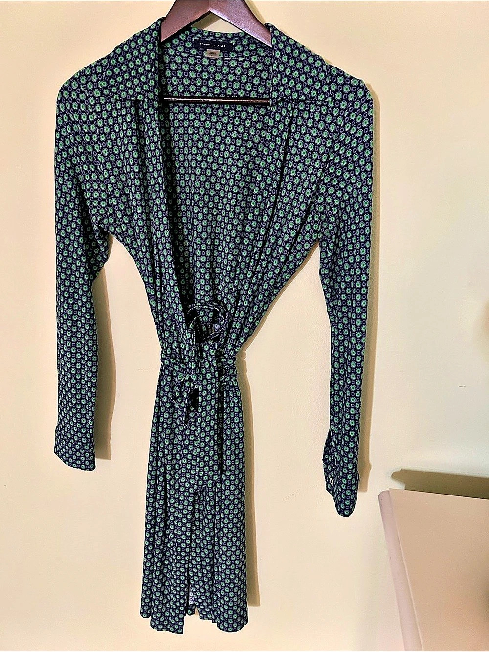 Tommy Hilfiger Geometric Print Long Sleeve Wrap Dress Black & Green Size 6